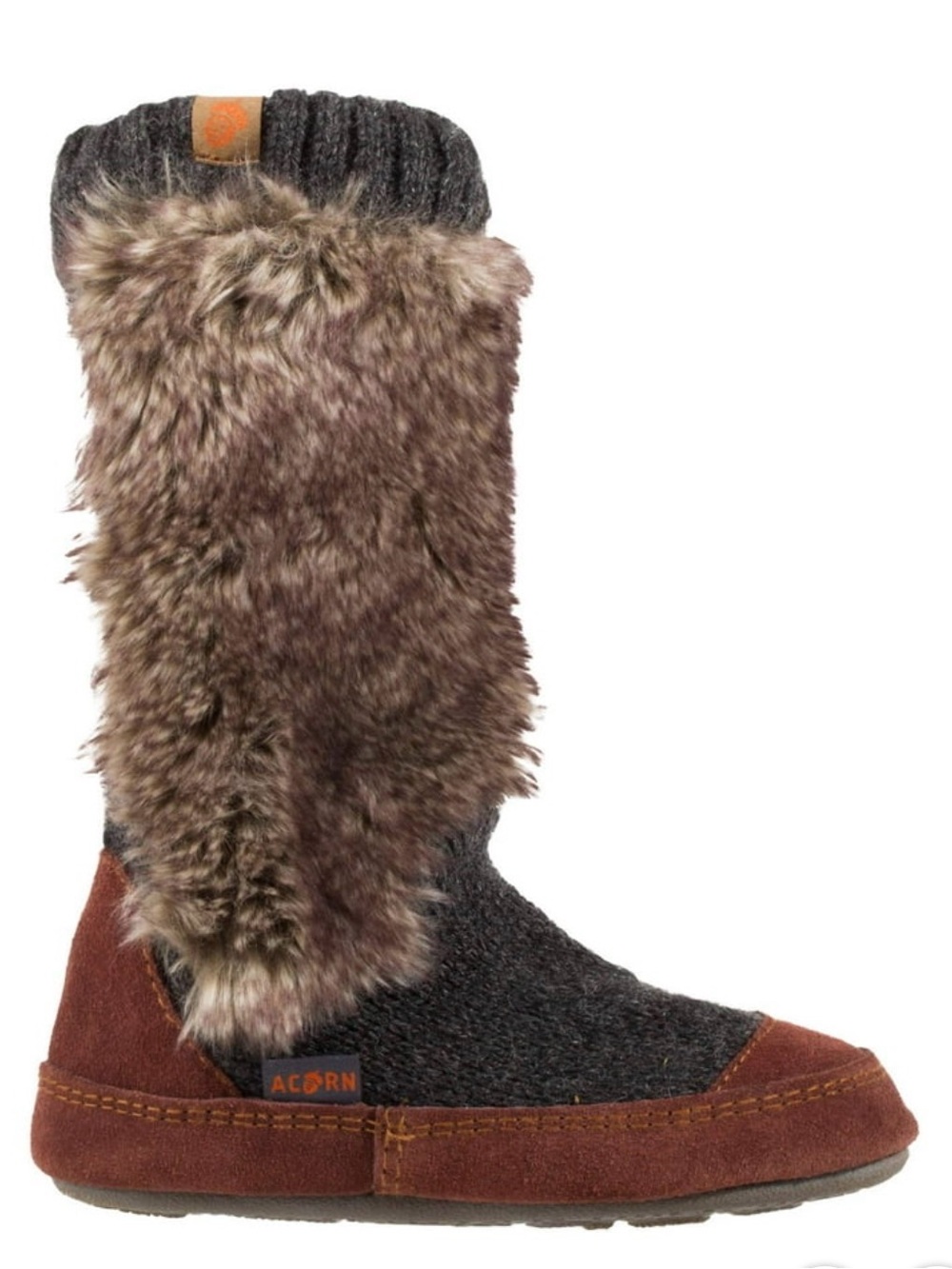 Acorn Women's Brown Faux Fur & Charcoal Knit Boot Slippers Size 5-6